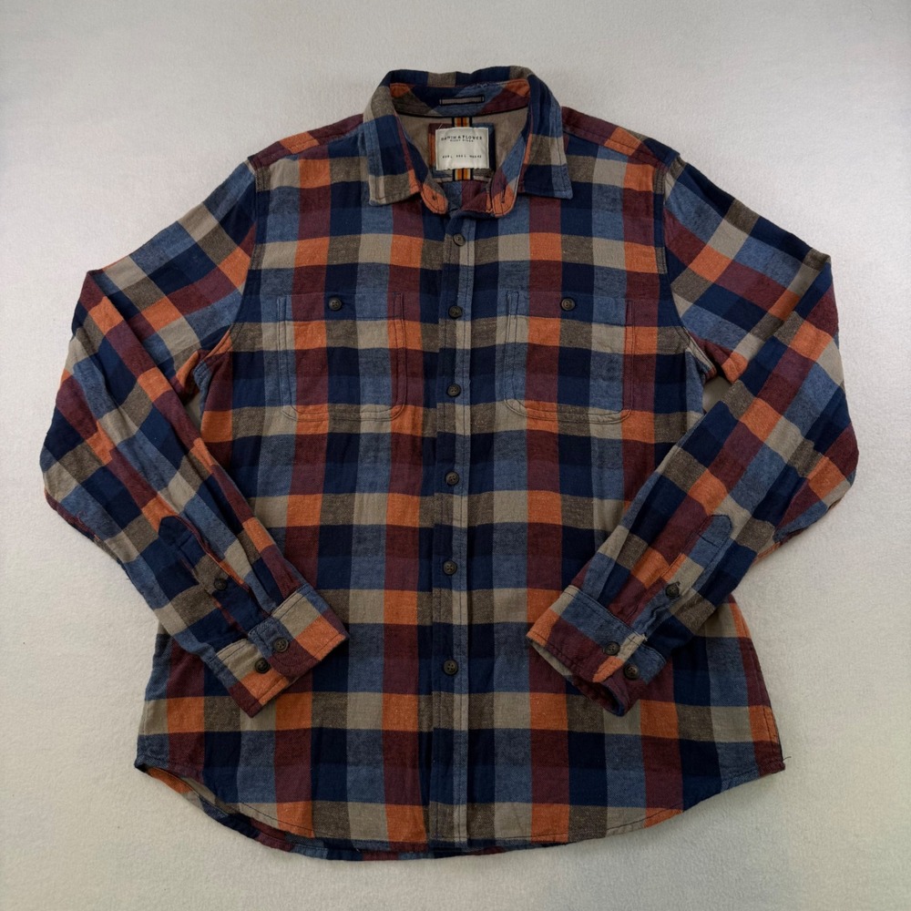 Denim & Flower Ricky Singh Mens Large Plaid Flannel Shirt Blue Orange Cotton L